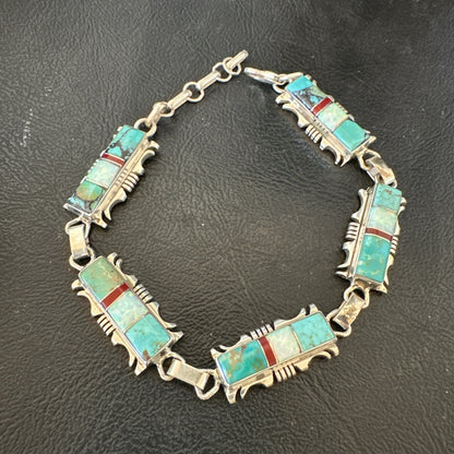 A Womens Blue Turquoise Opal Navajo Sterling Silver Link Bracelet 9" 19791