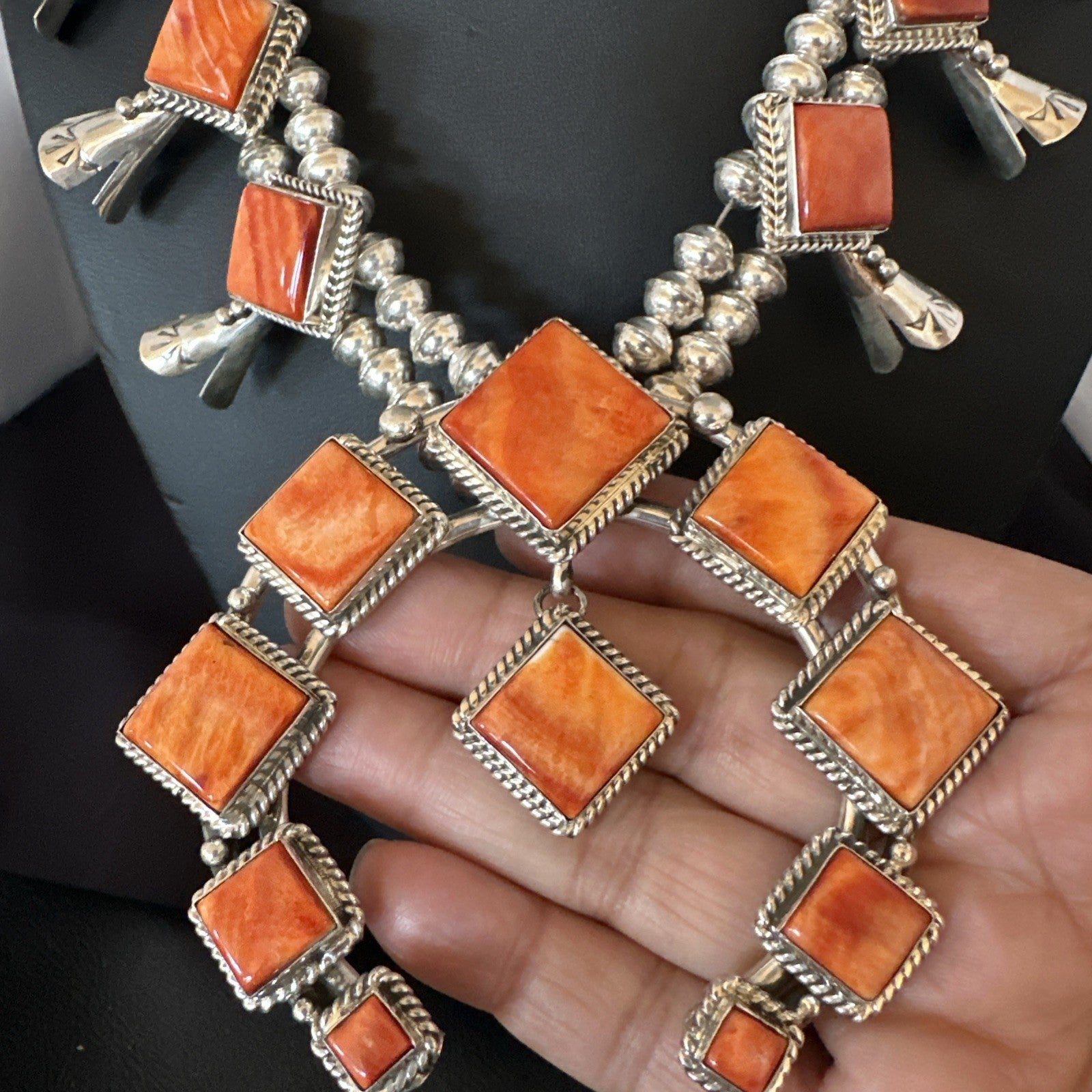 Orange Spiny Oyster Sterling Silver Squash Blossom Necklace 26" Earrings 19074