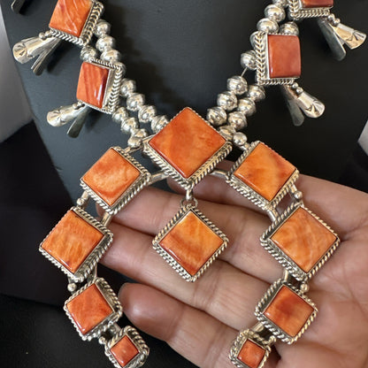 Orange Spiny Oyster Sterling Silver Squash Blossom Necklace 26" Earrings 19074