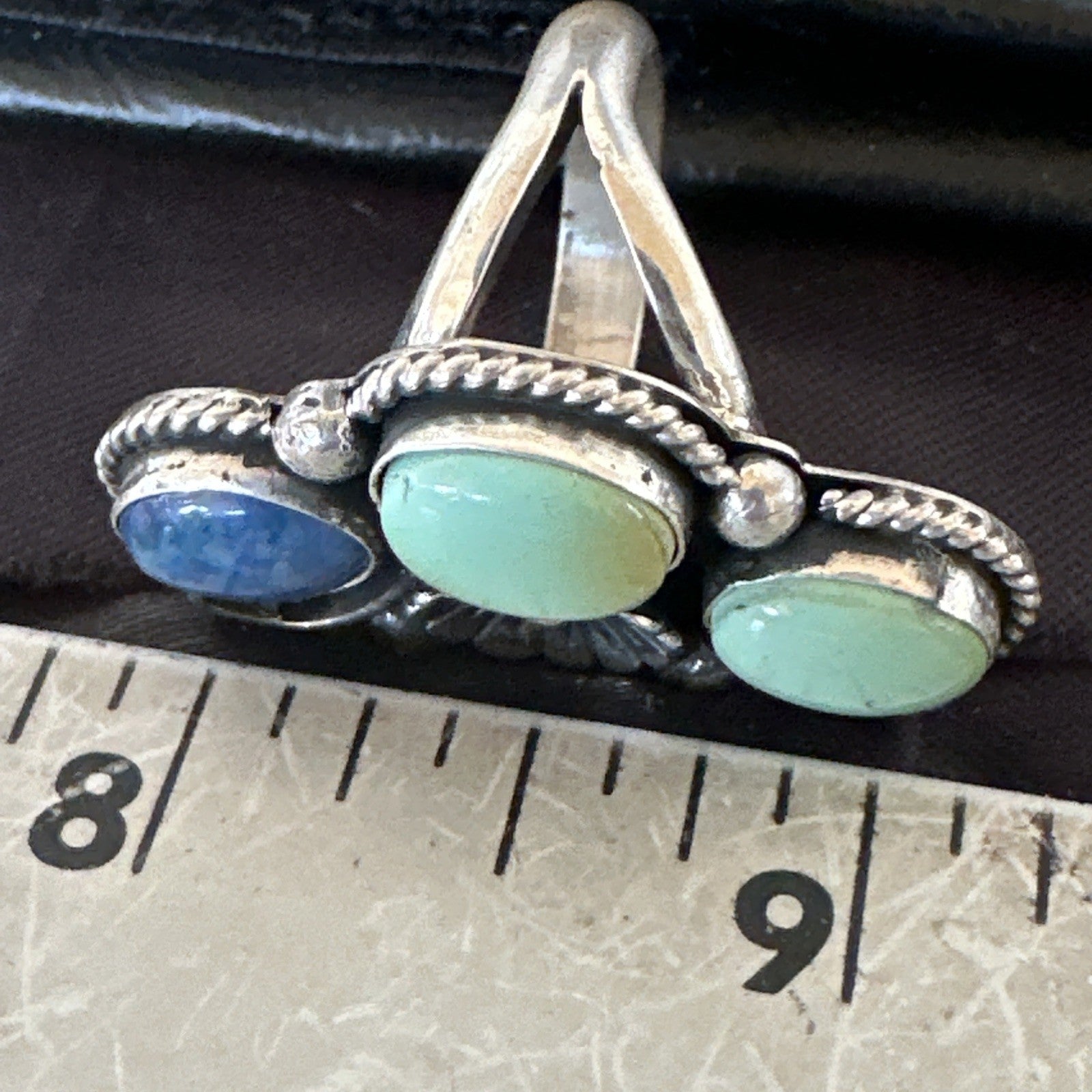 Yazzie Ring Green Turquoise Lapis Navajo Sterling Silver Cluster Size 8 19224