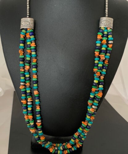 Multi-Color Green Turquoise Spiny Lapis Necklace Sterling Silver 01959