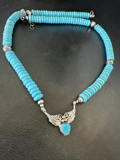 WoMens Blue Kingman Turquoise Pendant Navajo Sterling Silver Necklace 20” 18167