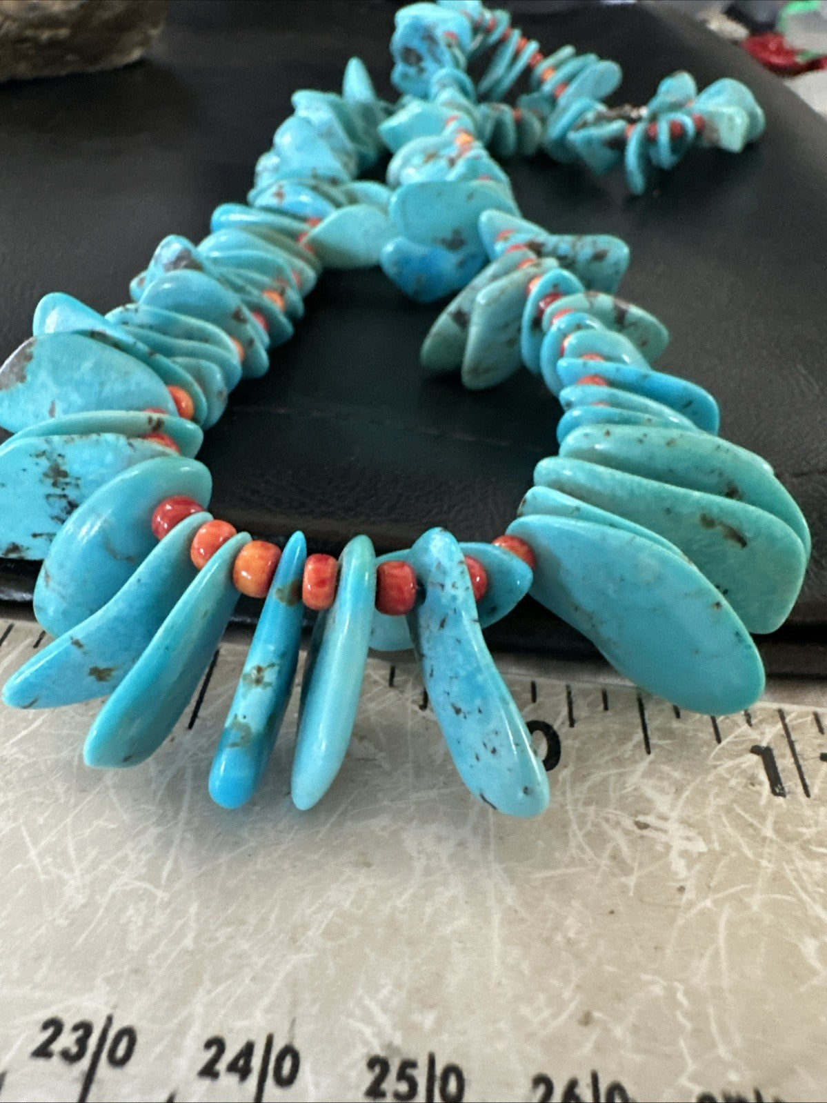 Large Blue Turquoise Red Spiny Navajo Pearls Sterling Silver Necklace 21" 19319