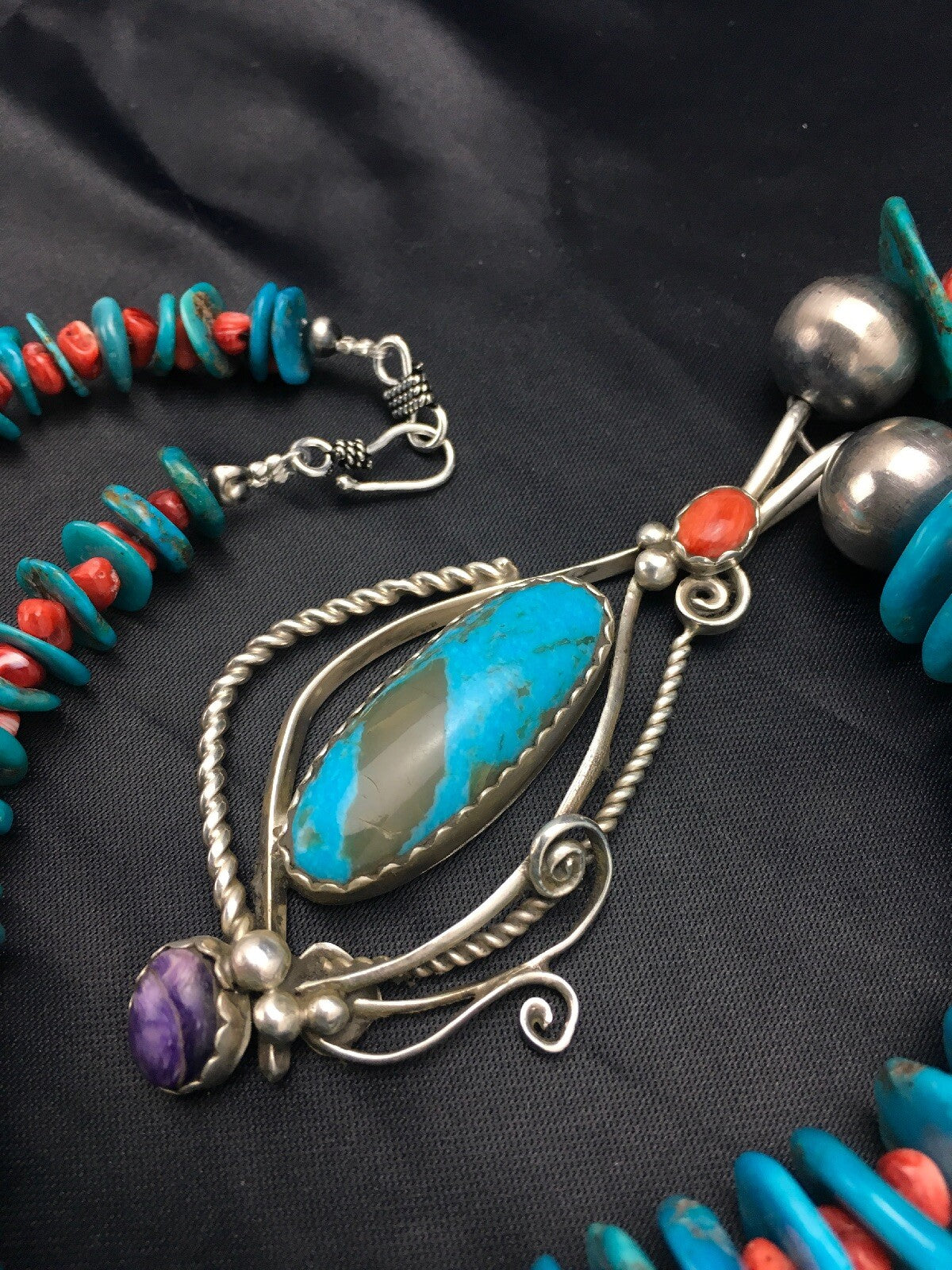 Kingman Turquoise & Spiny Oyster Pendant Navajo Sterling Silver Necklace 02637