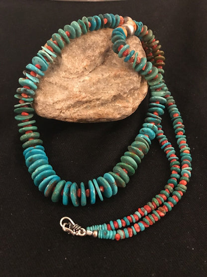 Kingman Turquoise Navajo Sterling Silver Spiny Necklace 32” 3684