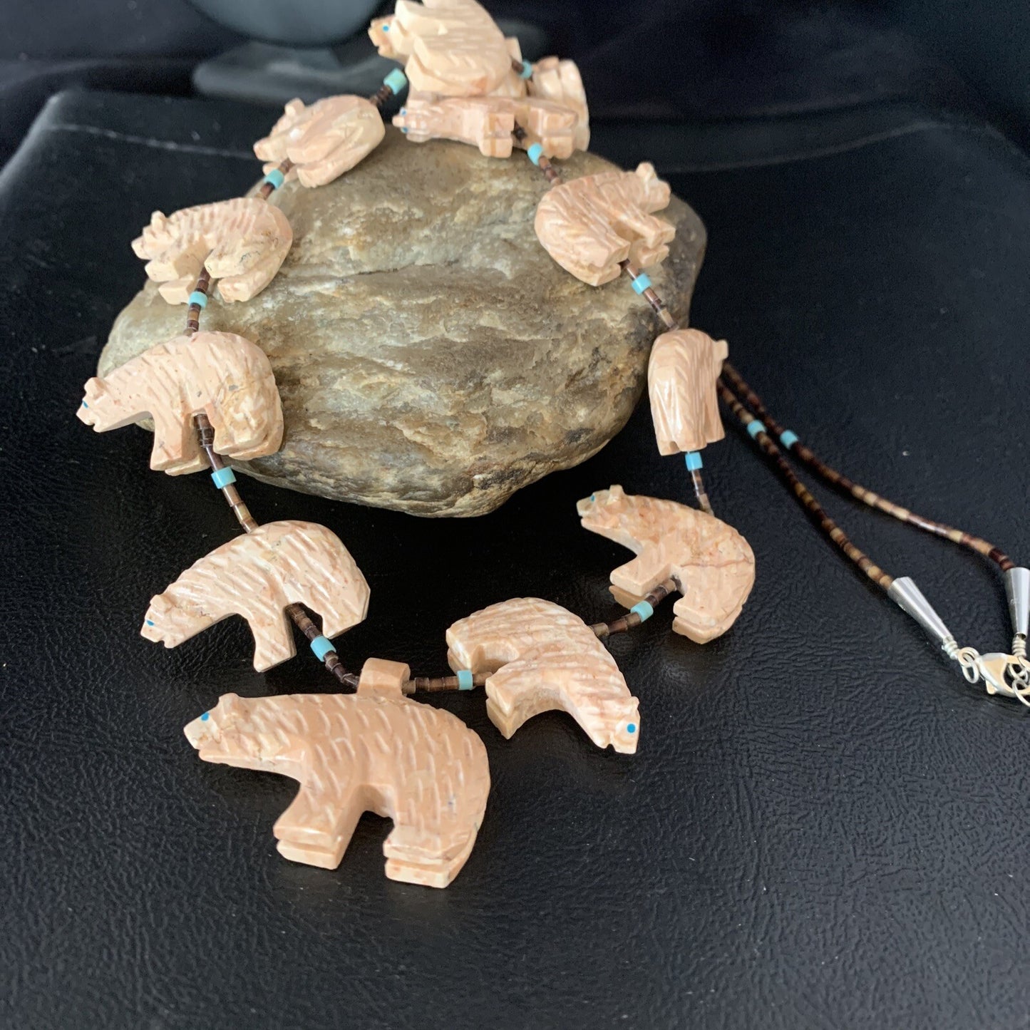 Bear Fetish Navajo Jasper Turquoise Sterling Silver Shell Necklace 28" 13419