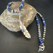 Blue Turquoise Lapis Feather Pendant Navajo Necklace 21" | Sterling Silver | Authentic Native American Handmade | 17789