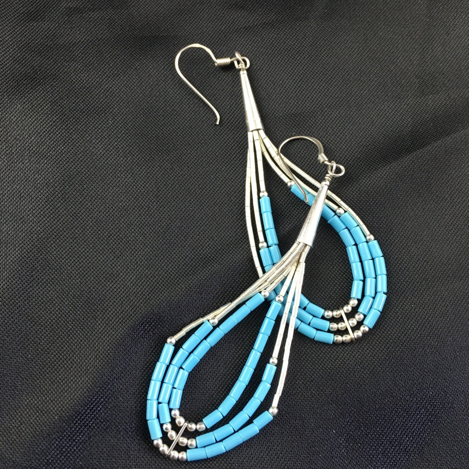 Native Turquoise Heishi Tube Liquid Sterling Silver Dangle Earrings 2" 08875
