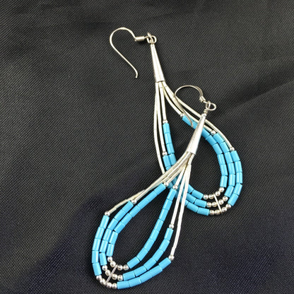 Native Turquoise Heishi Tube Liquid Sterling Silver Dangle Earrings 2" 08875
