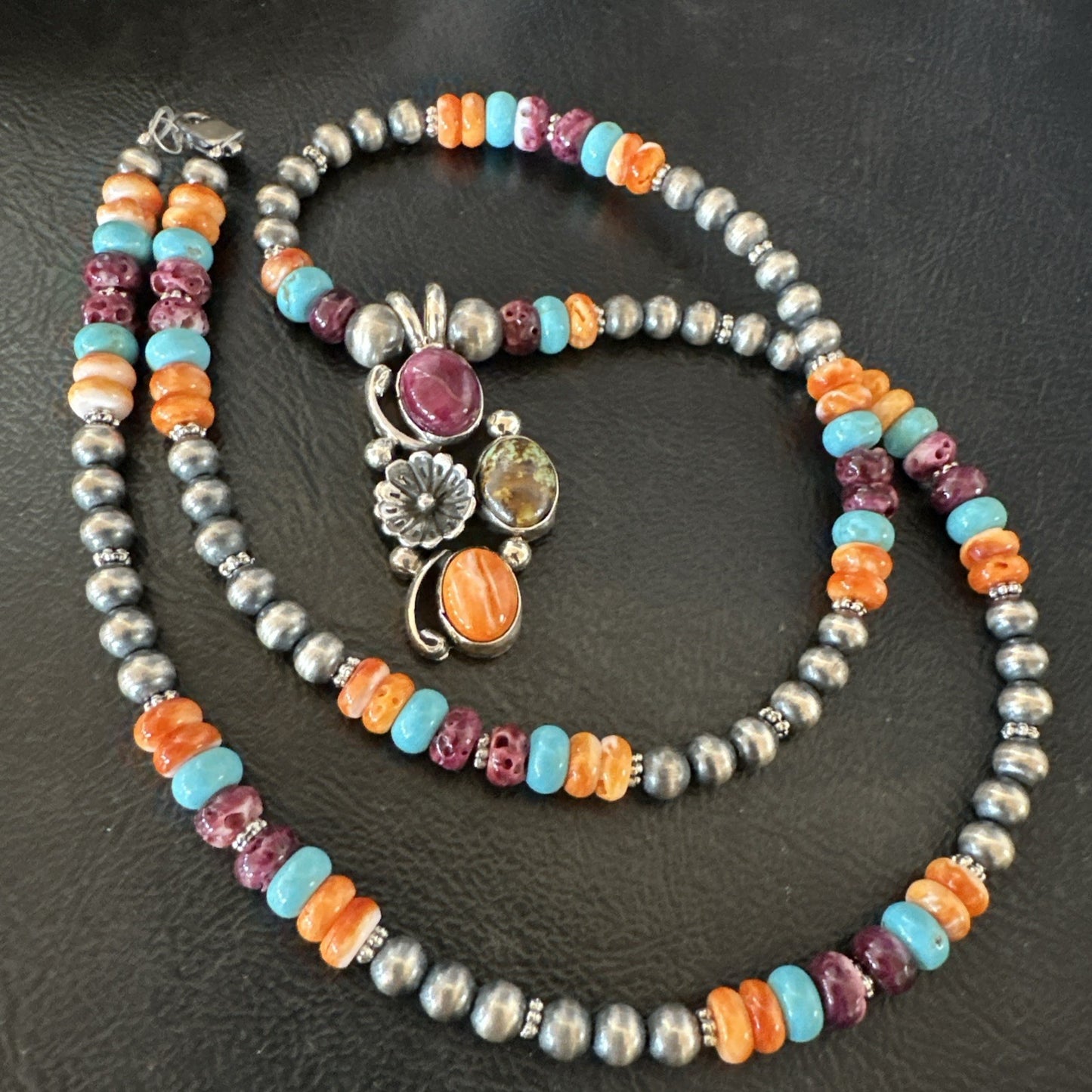 Multicolor Turquoise Spiny Navajo Sterling Silver Cluster Pendant Necklace 19640