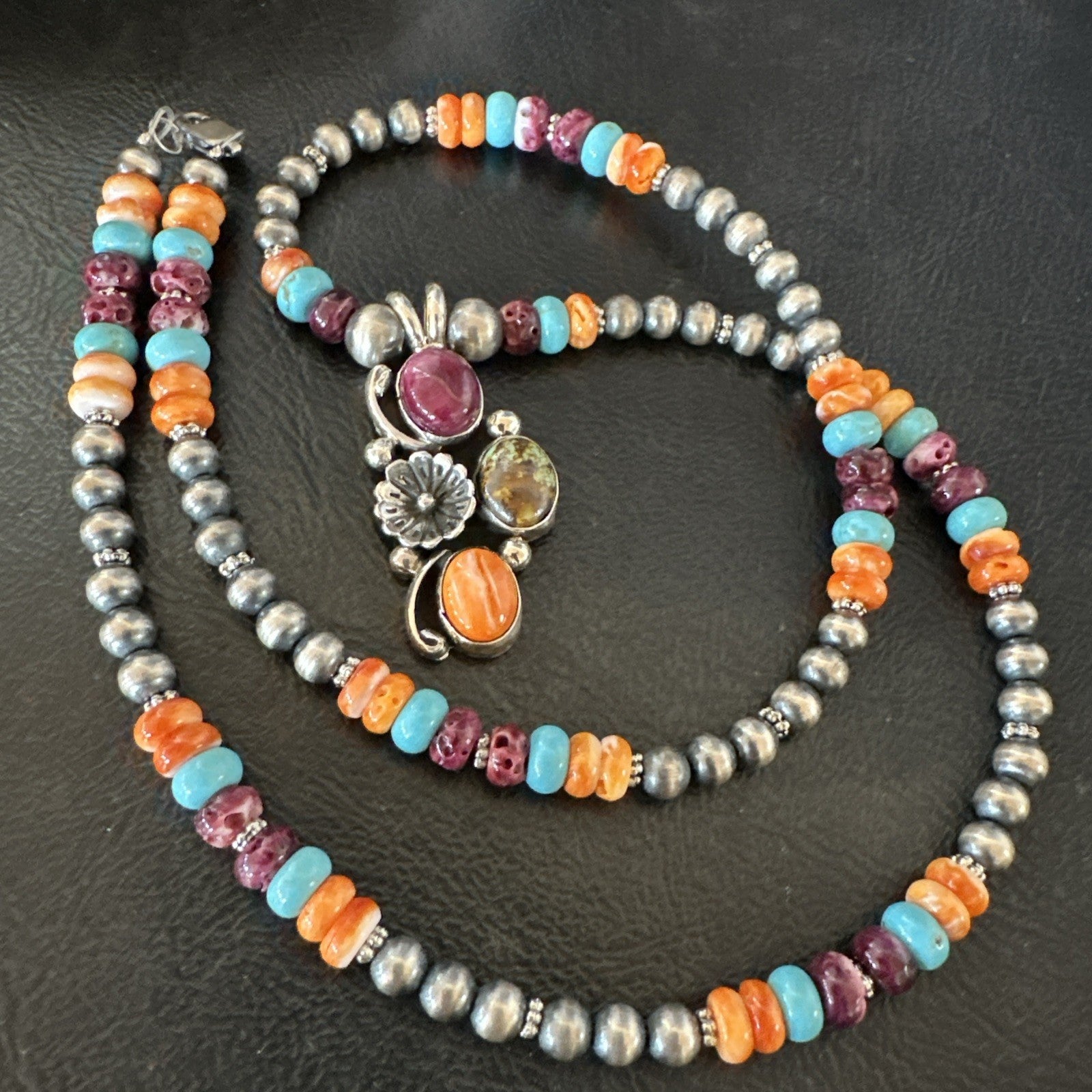 Multicolor Turquoise Spiny Navajo Sterling Silver Cluster Pendant Necklace 19640
