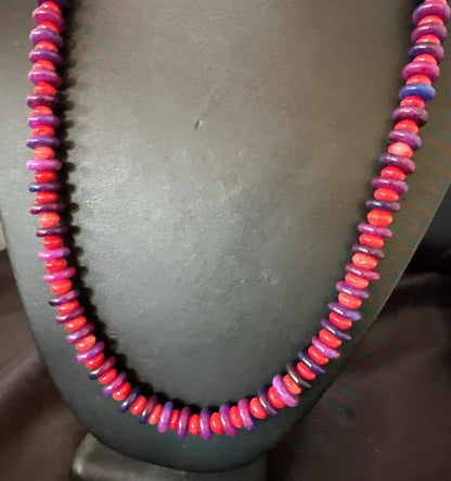 10mm  Purple Stone Red Coral Bead Navajo Sterling Silver Necklace 23” 17832