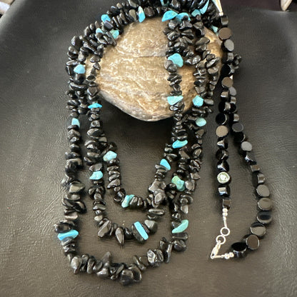 Sterling NAVAJO Black Onyx Blue Turquoise 3S Silver Necklace 30” 19577