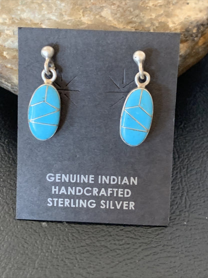 Navajo Blue Turquoise Sterling Silver Dangle Post Inlay Earrings 0.7" 12719
