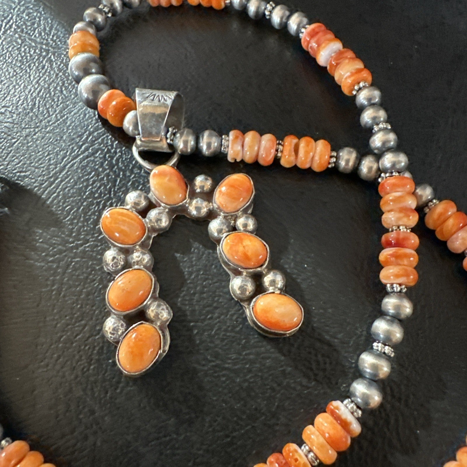 Orange Spiny Oyster Naja Pendant Navajo Pearls Sterling Silver Necklace 19669