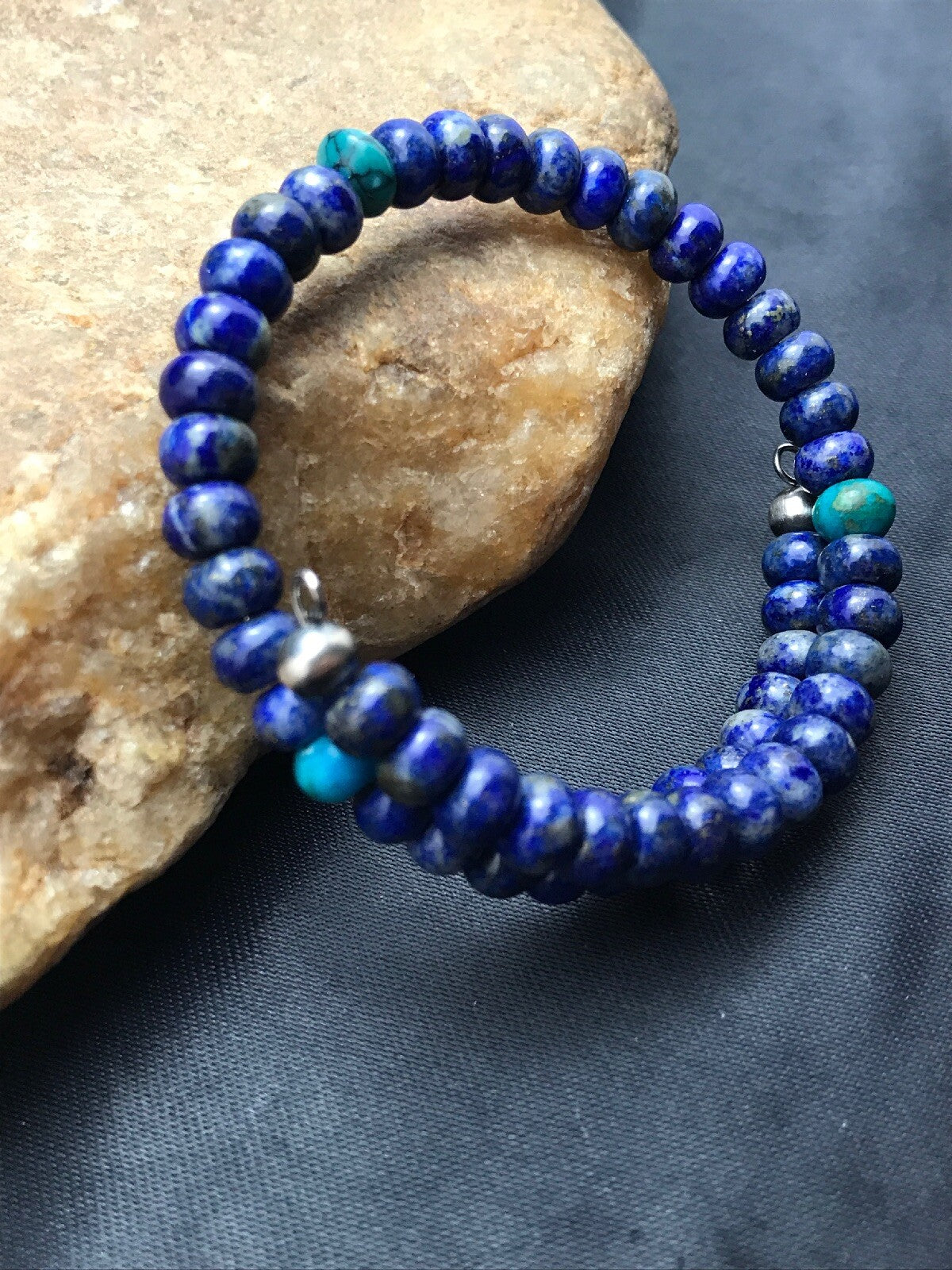Lapis & Turquoise Bead Navajo Sterling Silver Bracelet 03260