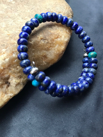 Lapis & Turquoise Bead Navajo Sterling Silver Bracelet 03260