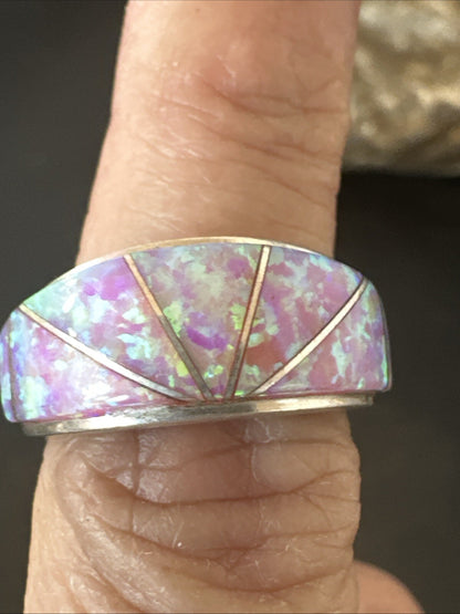 Pink Opal Navajo Sterling Silver Band Inlay Ring Size 7 18786
