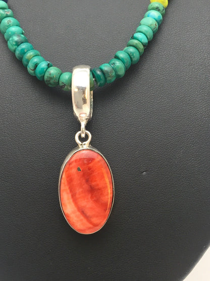 Turquoise & Spiny Oyster Pendant Pueblo Sterling Silver Necklace 08910