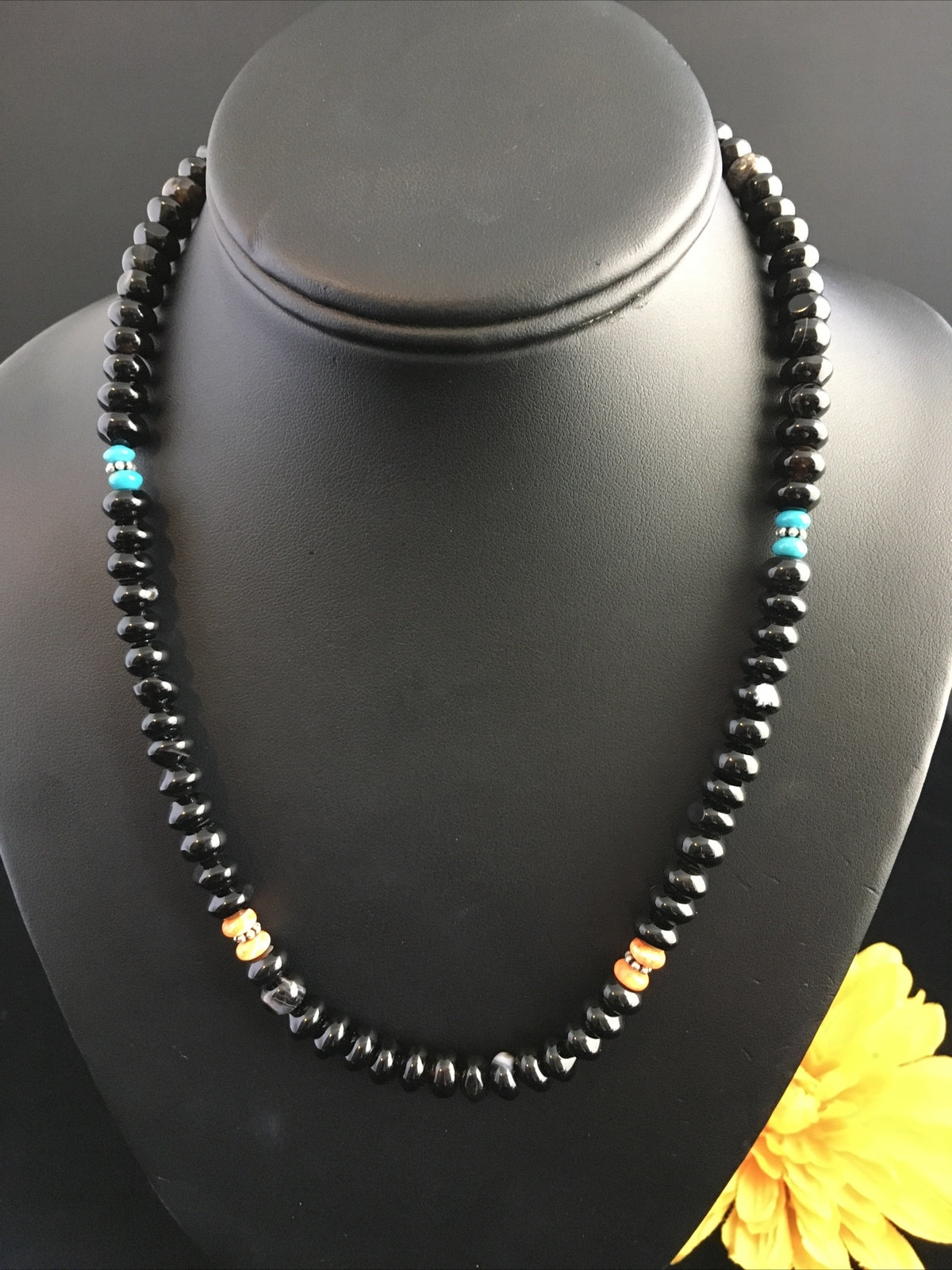 Black Onyx & Turquoise Navajo Sterling Silver Necklace 18” 10020