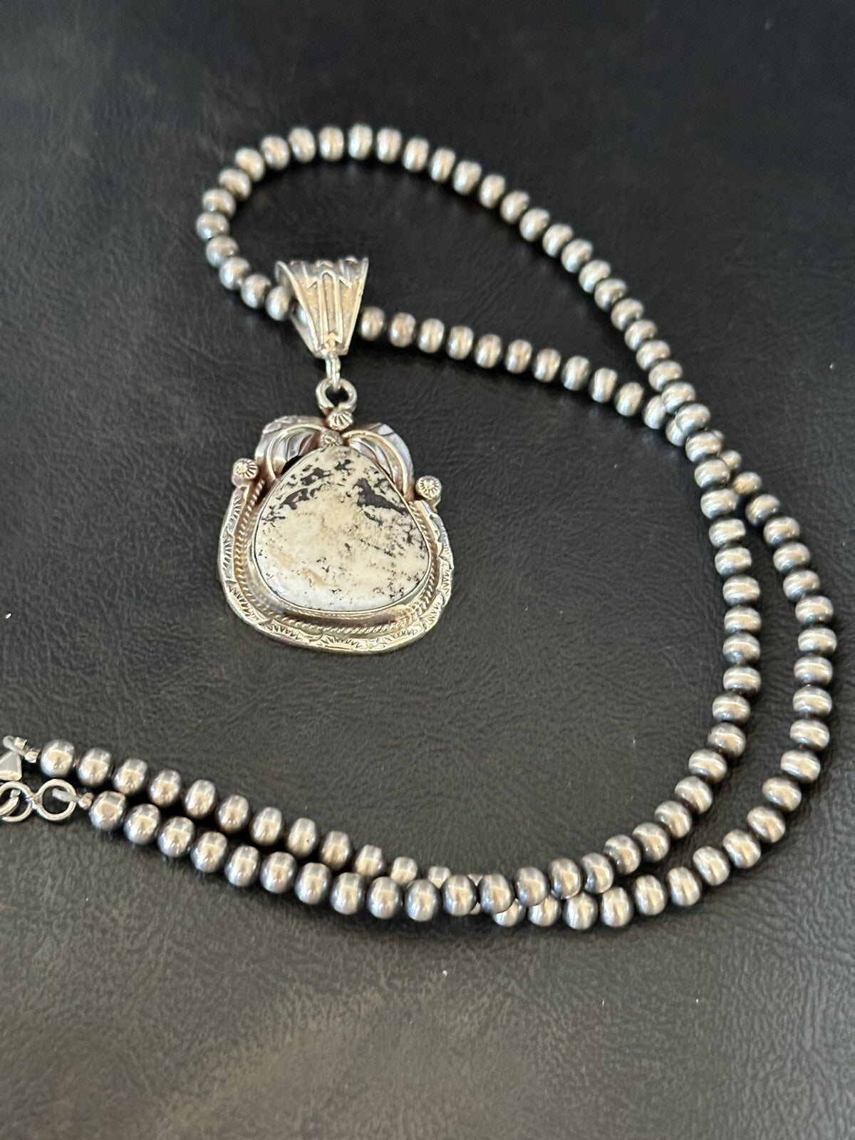Mens White Buffalo Turquoise Pendant Sterling Silver Beads Necklace 18311