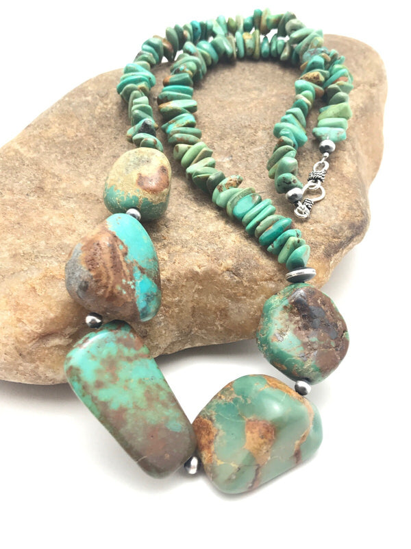 Chunky Green Nugget Turquoise Navajo Necklace 23" | Sterling Silver | Authentic Native American Handmade | 3216