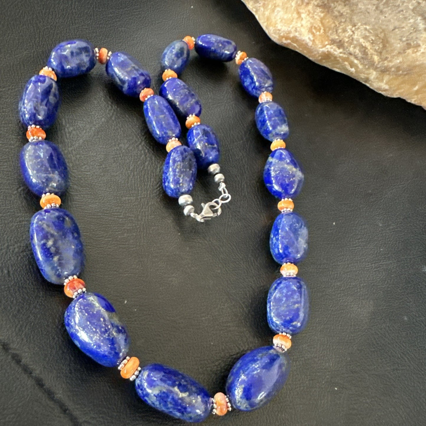 Blue Lapis Orange Spiny Chunky Southwestern Sterling Silver Necklace 20” 19258