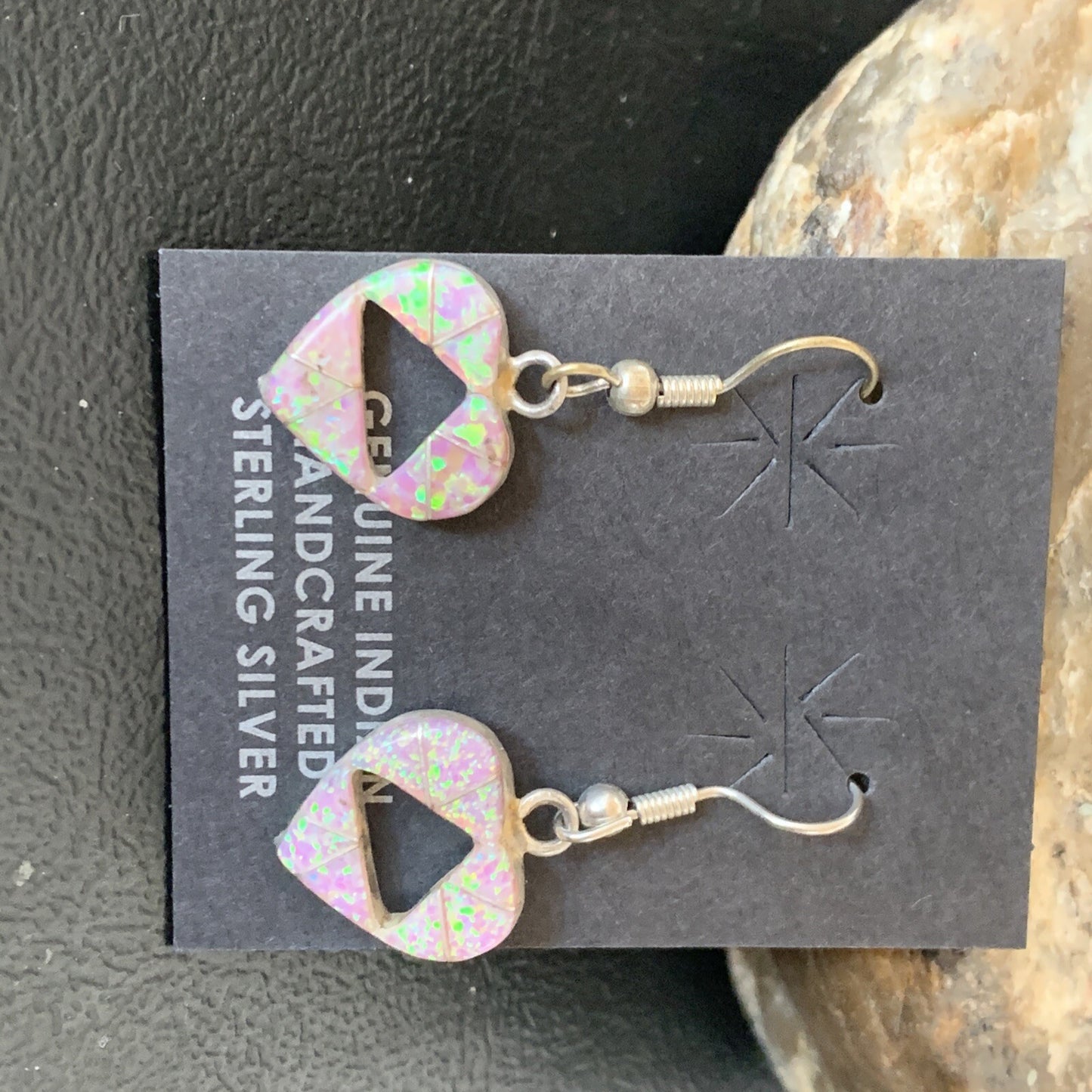 Womens Pink Opal Heart Inlay Navajo Sterling Silver Dangle Drop Earrings 12763
