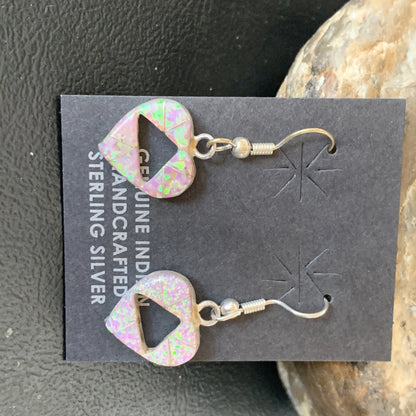 Womens Pink Opal Heart Inlay Navajo Sterling Silver Dangle Drop Earrings 12763