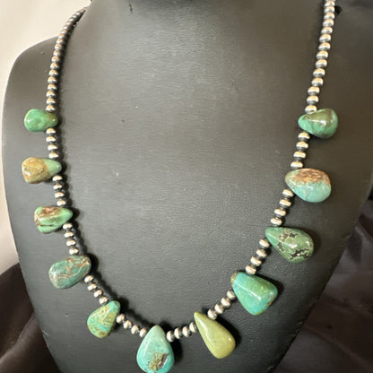 Navajo Pearls Silver Green Teardrop Turquoise Necklace 19015