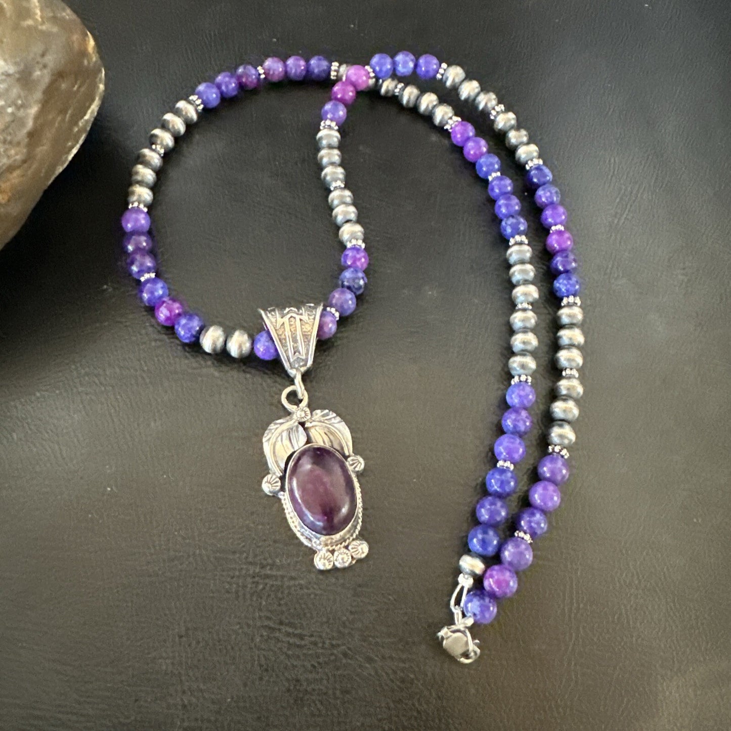 Purple Stone Pendant Navajo Pearls Sterling Silver Necklace 18387