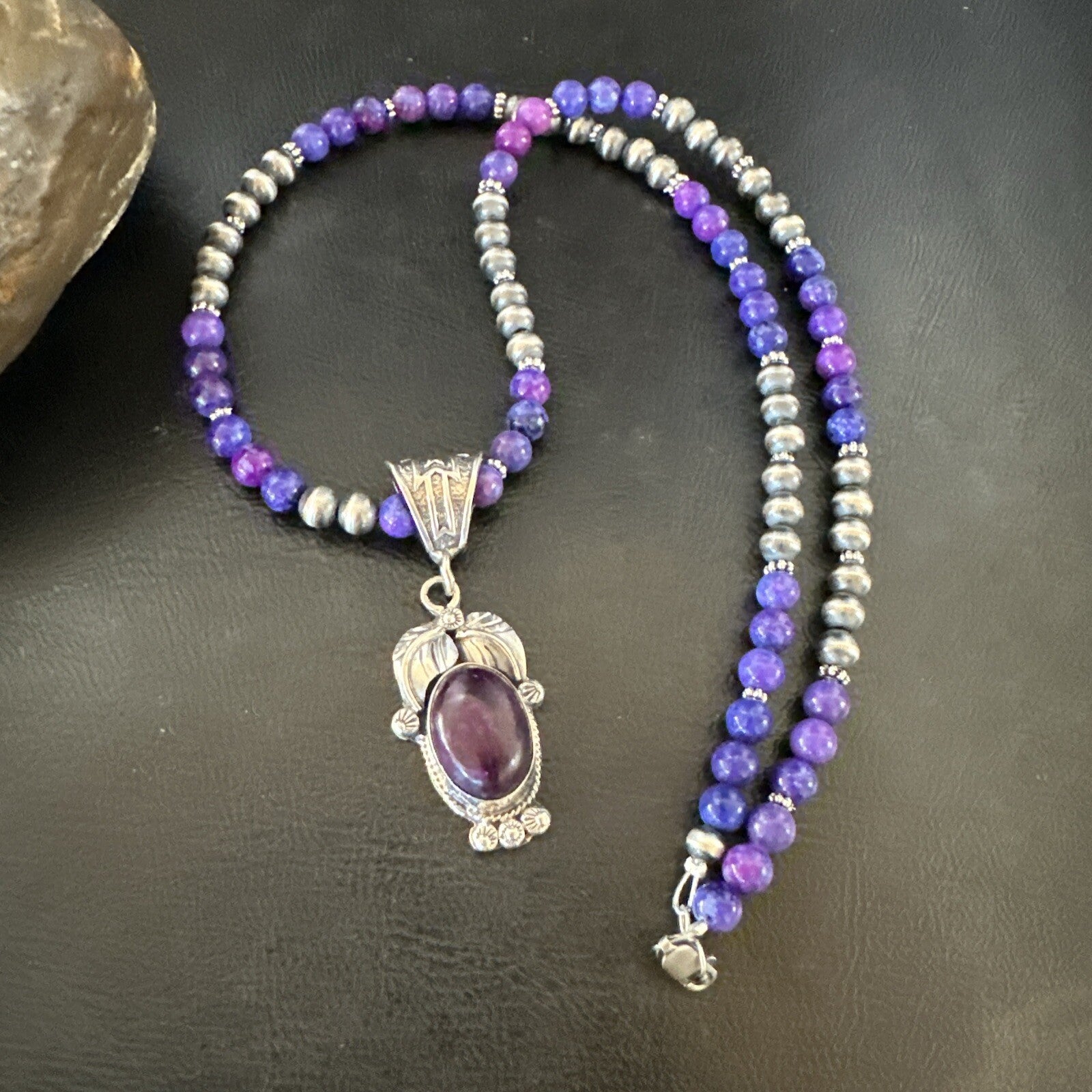 Purple Stone Pendant Navajo Pearls Sterling Silver Necklace 18387