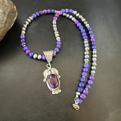 Purple Stone Pendant Navajo Pearls Sterling Silver Necklace 18387
