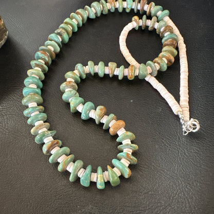 Green Royston Turquoise Shell Santo Domingo Sterling Silver Necklace 27” 19680
