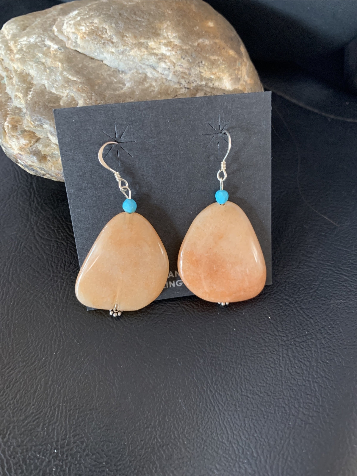 Womens Navajo Tan Jasper Blue Turquoise Sterling Silver Earrings 2" 13101