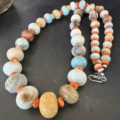 Blue Amazonite Orange Spiny Navajo Sterling Silver Bead Necklace 23” 17831