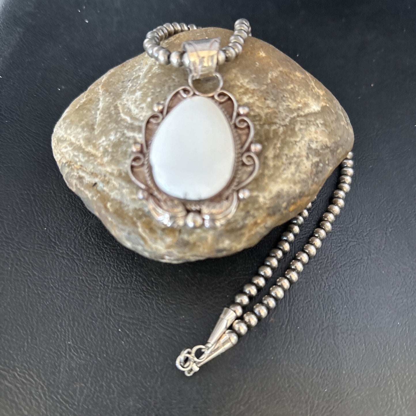 Men White Buffalo Turquoise Pendant Sterling Silver Beads Necklace 14229