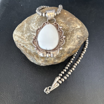 Men White Buffalo Turquoise Pendant Sterling Silver Beads Necklace 14229