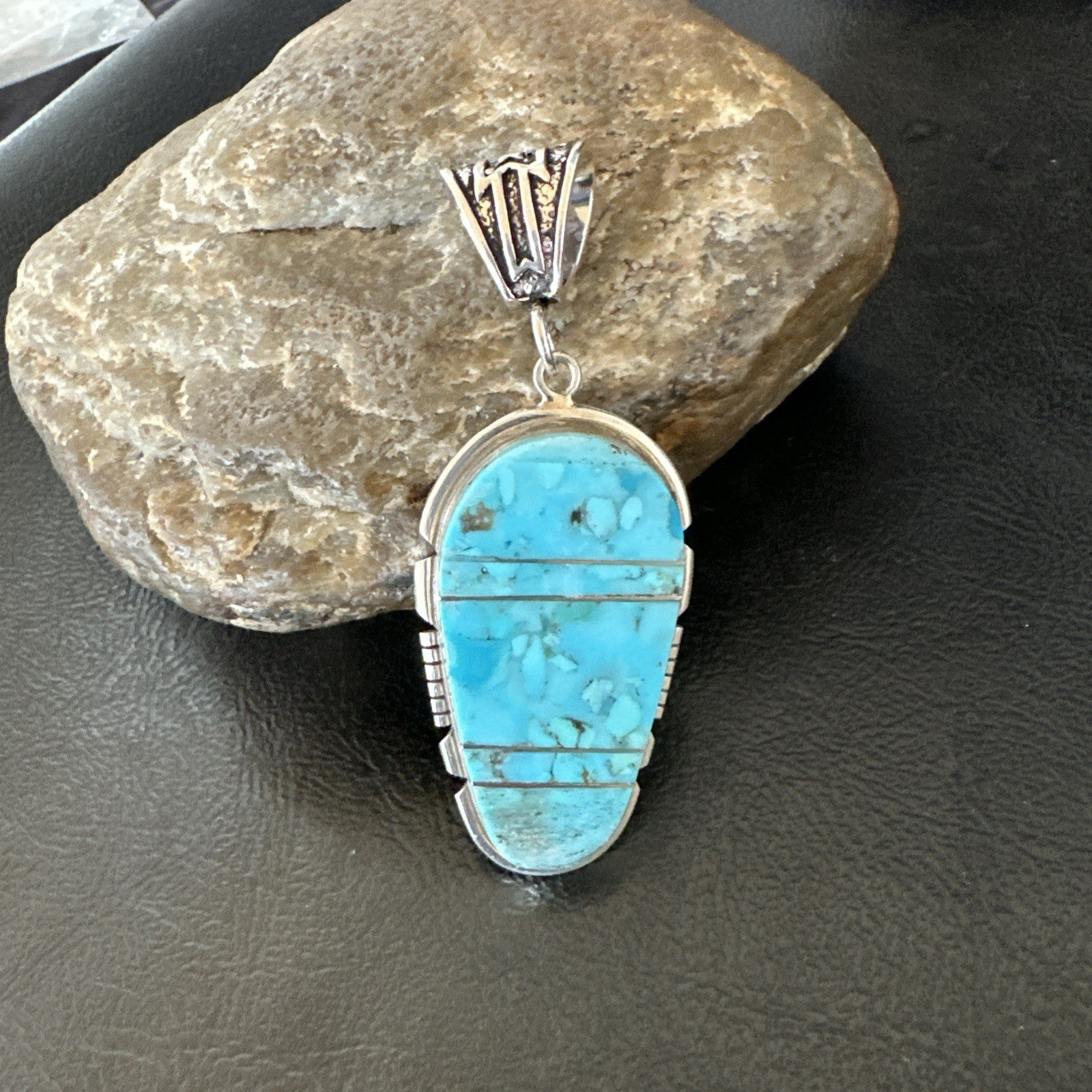 Navajo B E Inlay 925 Sterling Silver Turquoise Pendant Cobblestone 2.5" 19399