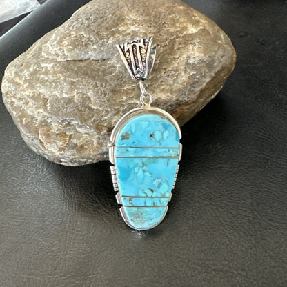 Navajo B E Inlay 925 Sterling Silver Turquoise Pendant Cobblestone 2.5" 19399