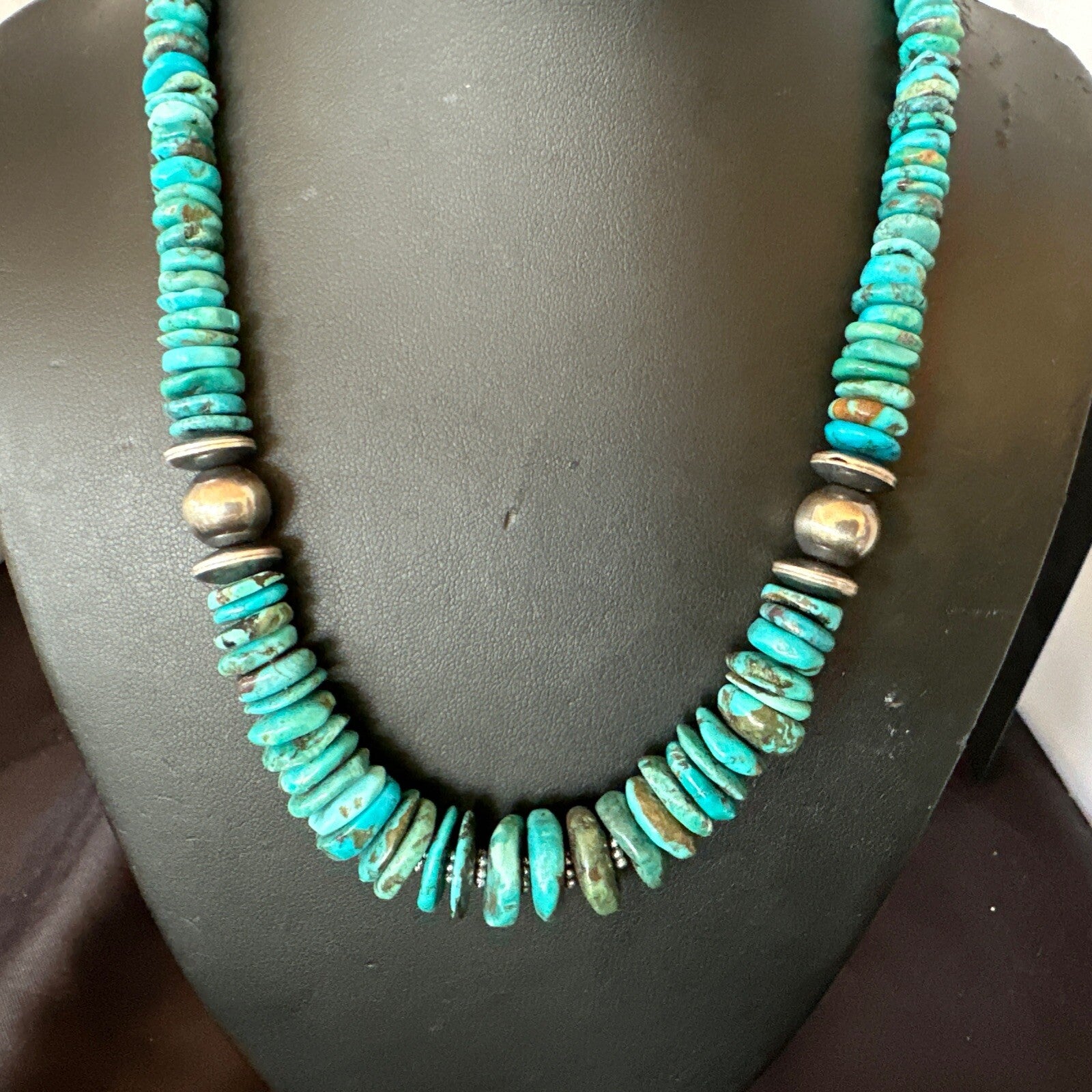 Graduated Blue Turquoise Navajo Pearls Sterling Silver Necklace 18” 18319
