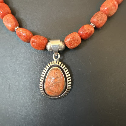 Navajo Pearls Apple Sponge Coral Sterling Silver Necklace Pendant 21” 18683