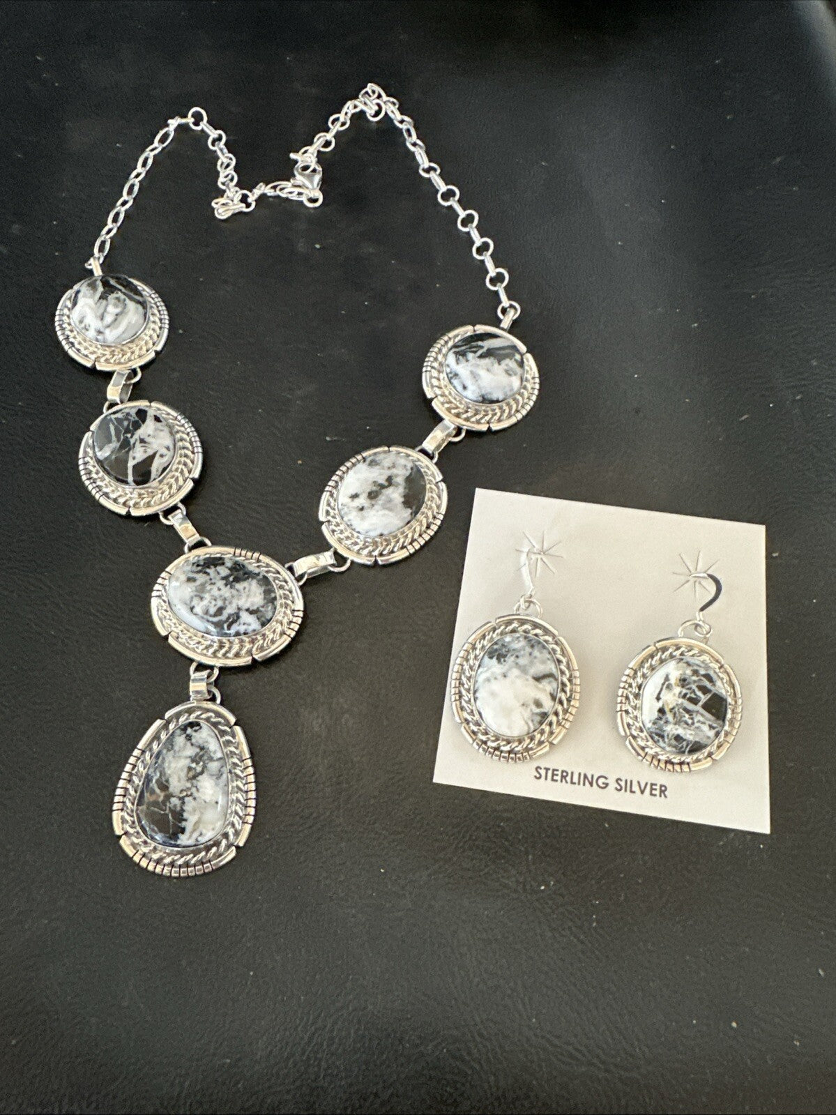 Women White Buffalo Turquoise Necklace Earrings Sterling Silver 19” 18605