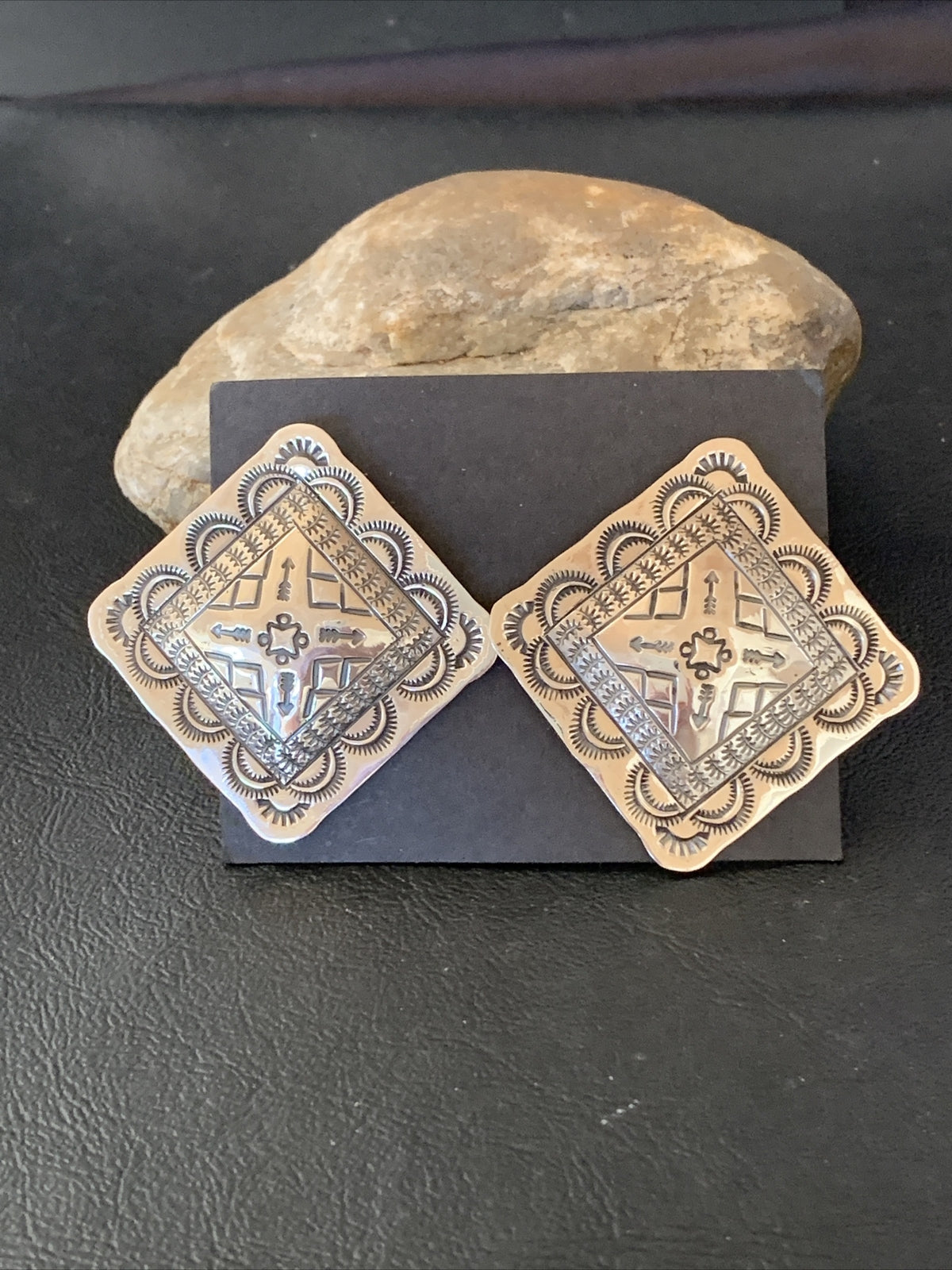 Native American Womens Navajo Sterling Silver Stamped Handmade Earrings L