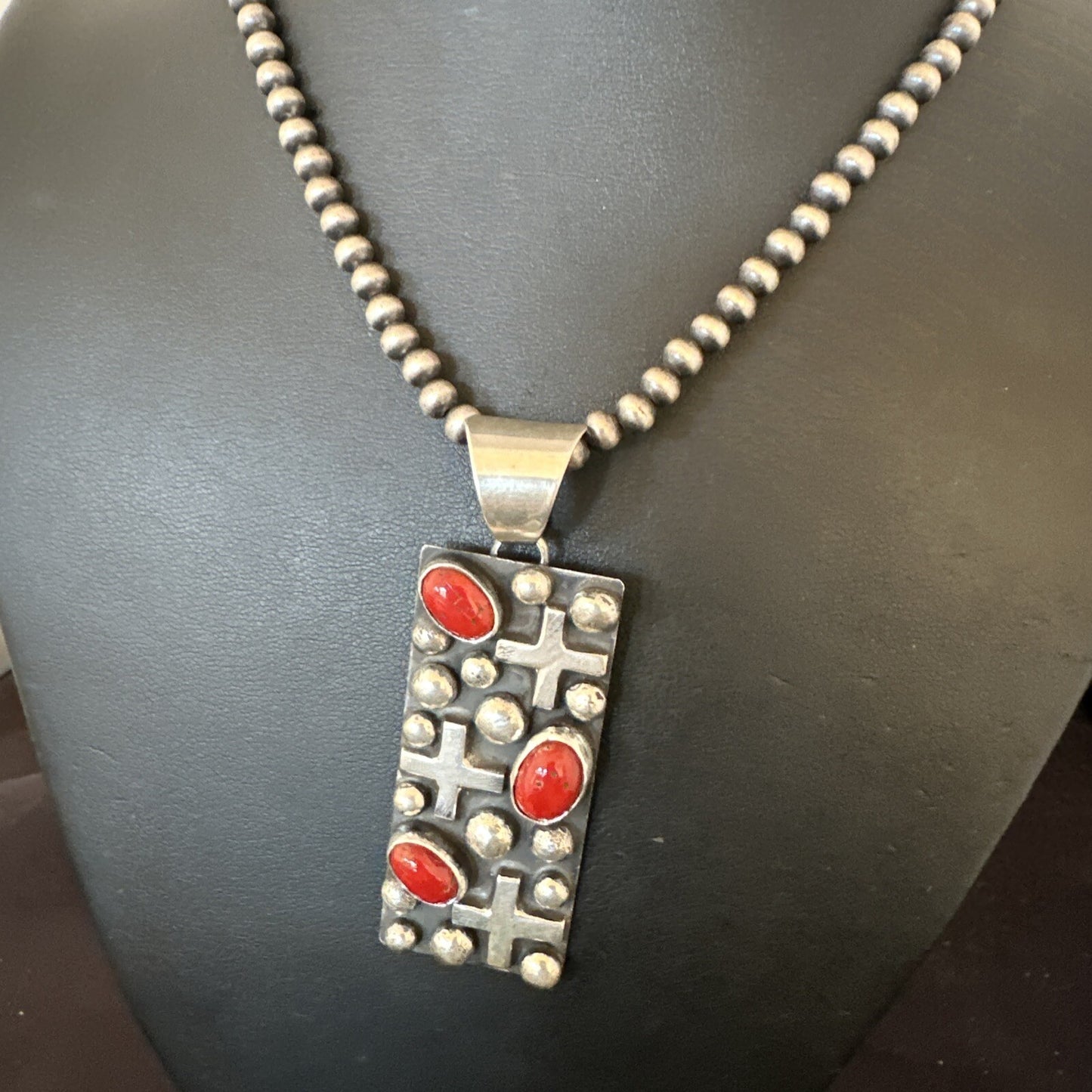 Navajo Pearls Red Coral Necklace Pendant 20” Native American 15909