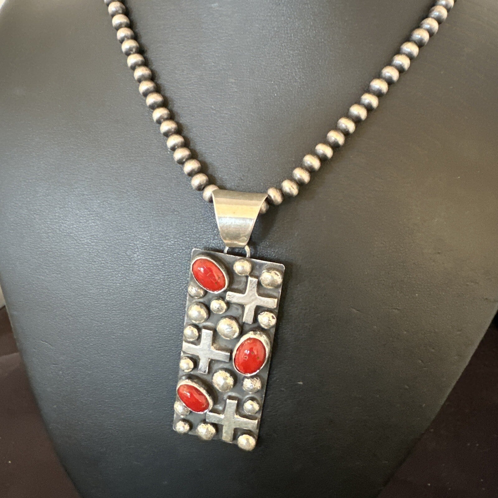 Navajo Pearls Red Coral Necklace Pendant 20” Native American 15909