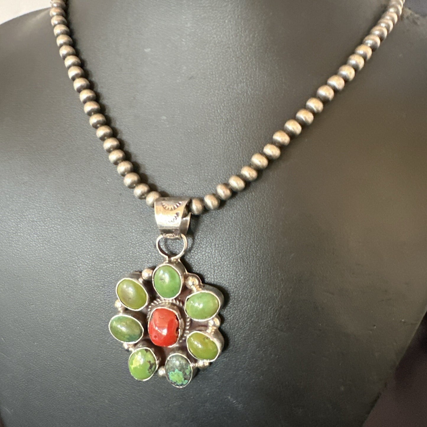 Navajo Sterling Cluster Red Turquoise Pendant Necklace 17713