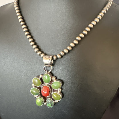 Navajo Sterling Cluster Red Turquoise Pendant Necklace 17713