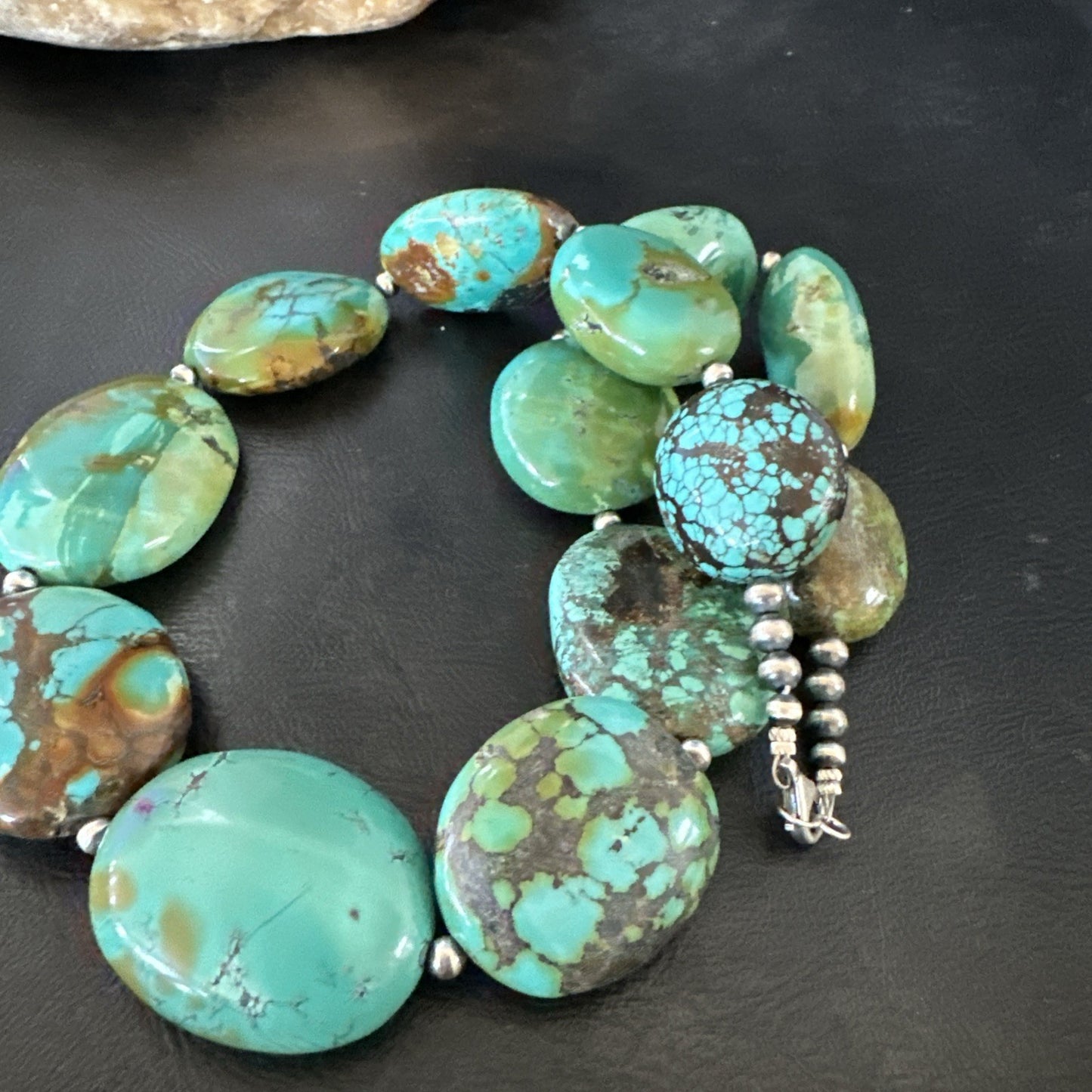 Blue Green Turquoise Nugget Chunky Navajo Sterling Silver Necklace 20” 19250