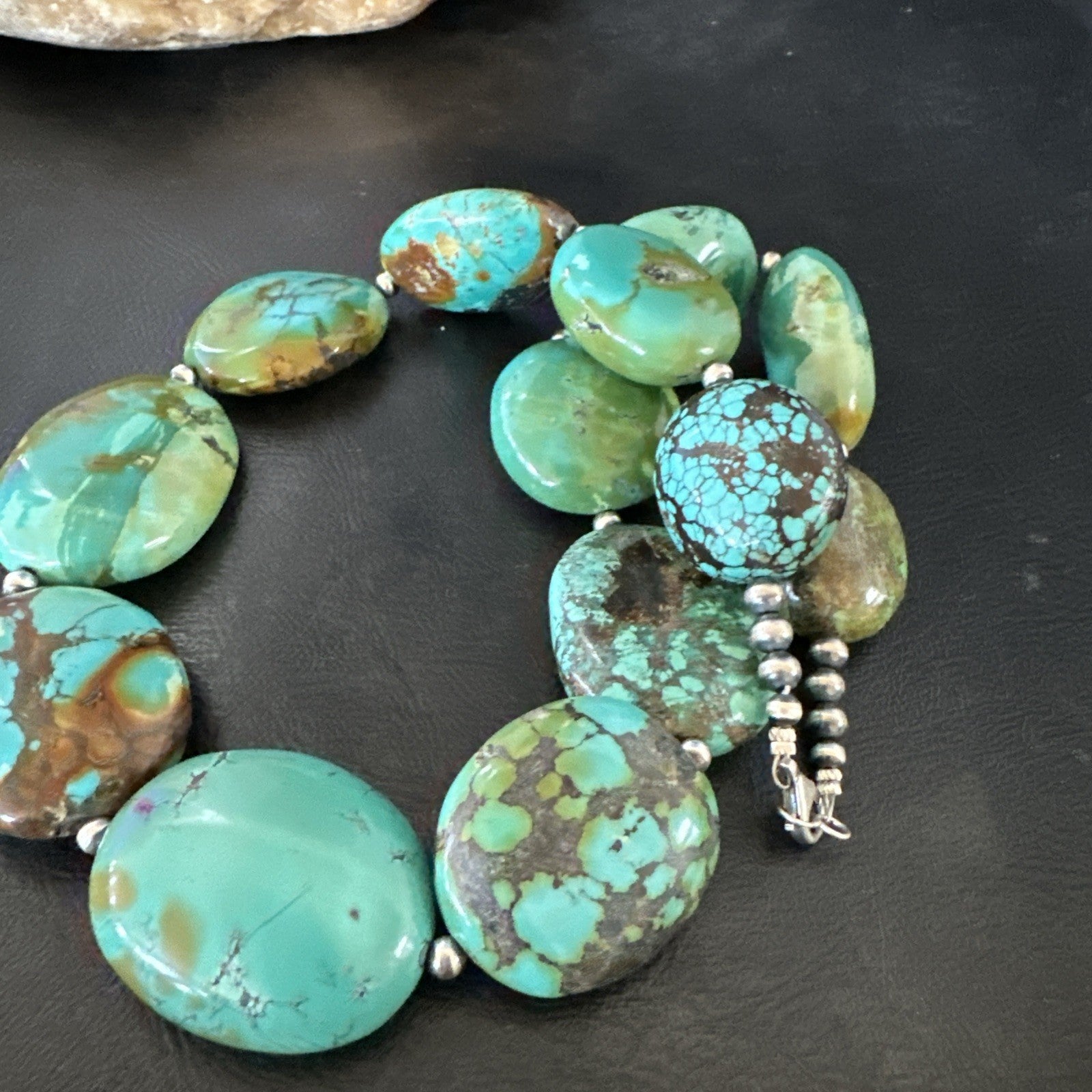 Blue Green Turquoise Nugget Chunky Navajo Sterling Silver Necklace 20” 19250